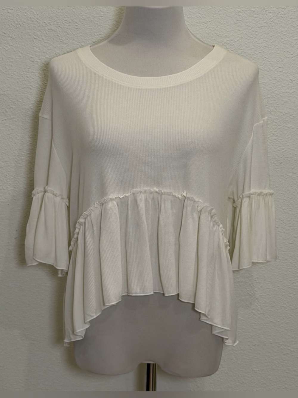 Altar’d State Waffle Knit Ruffle Top Large Ivory Bell Sleeve Boho Relaxed Blouse